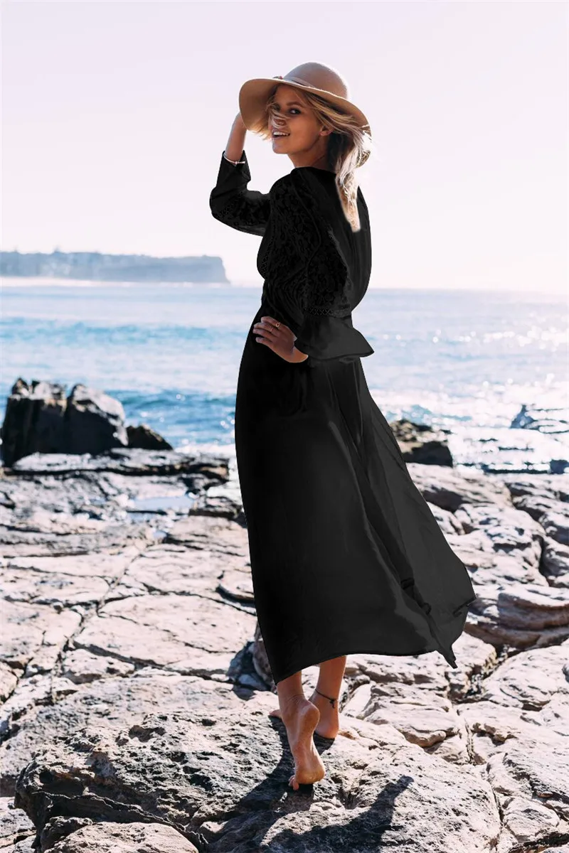 مثير بيكيني يغطي المنبثقة طويل أبيض أسود تونك فستان شاطئ الصيف عادية أنيقة المرأة ملابس الشاطئ لباس سباحة التستر