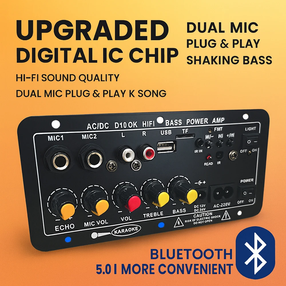 Bluetooth 5.0 Digital Amplifier Board With Reverb USB/TF/FM Dual MIC Input 220V/12V/24V Support For 10'' Speakers
