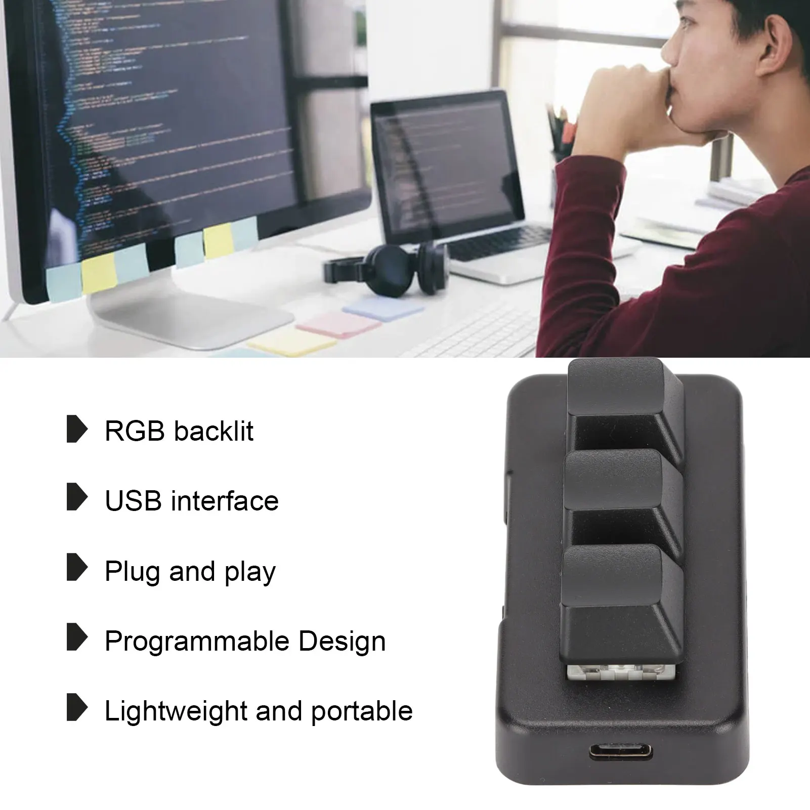 3 ปุ่มกด RGB Backlit 3 ปุ่มอินเทอร์เฟซ USB Mini Mechanical Programmable Plug And Play แป้นพิมพ์มาโครสําหรับคอมพิวเตอร์สีดํา