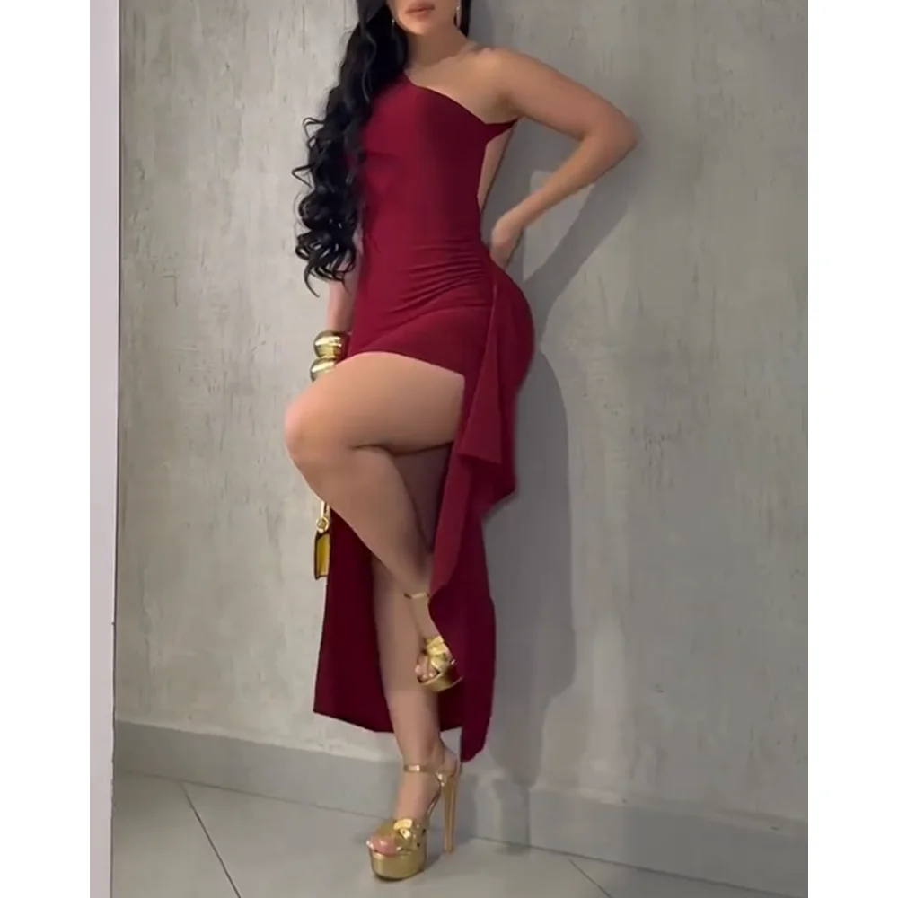 Women's One-Shoulder Backless Ruched Bodycon Dress with Asymmetrical High-Low Hem Perfect for Evening Parties and Clubwear