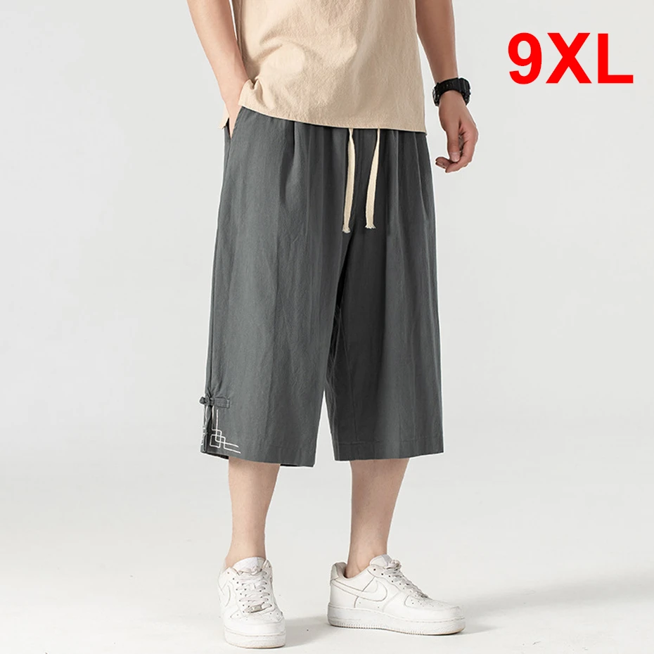 

Summer Calf-length Pants Men Loose Linen Pants Plus Size 9XL Summer Short Pants Male Solid Color Bottom Big Size 9XL