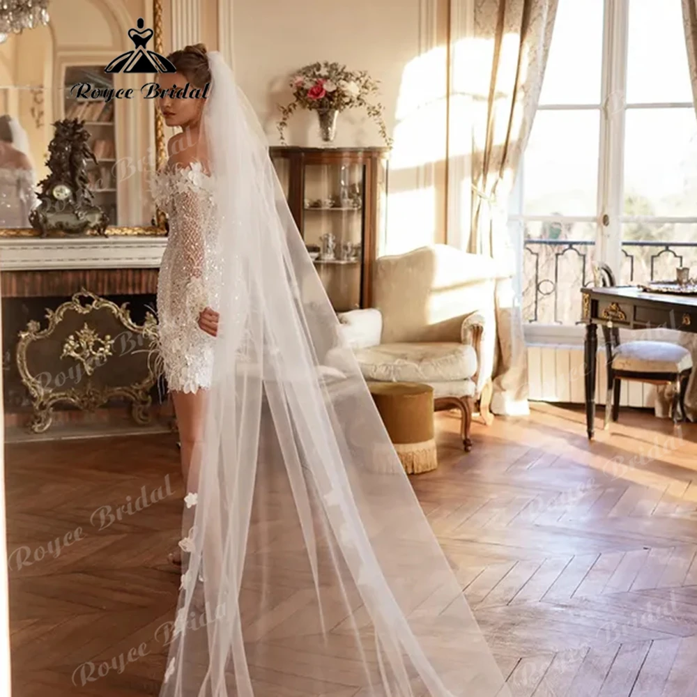 Off Shoulder Mini Wedding Dress Feather 3D Floral Beaded Sheath Long Mesh Sleeve Corset Short Reception Bridal Gown Customized