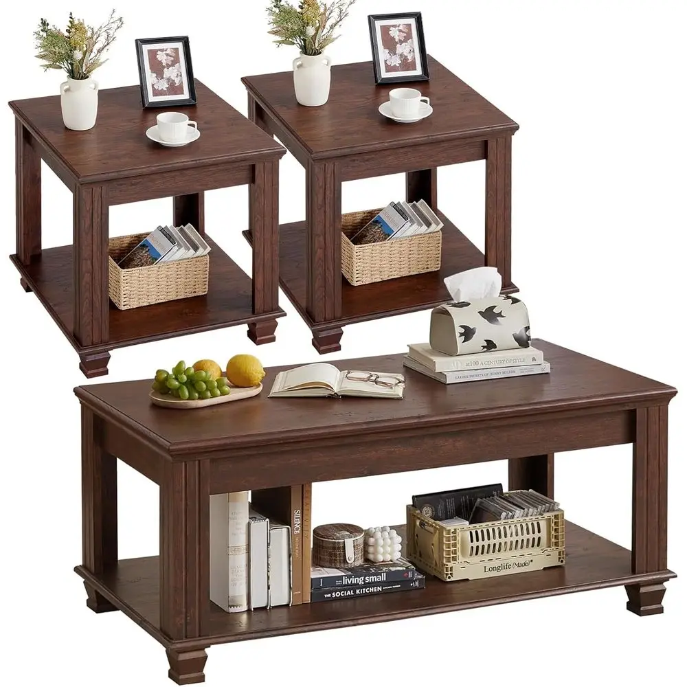 

Rustic 3-Piece Wooden Coffee and End Table Set with Open Shelf for Living Room, Walnut