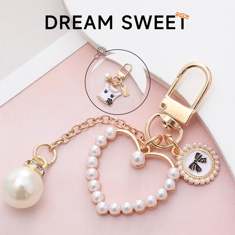 Cute Enamel Pearl Keychain Lady Handbag Key Ring Makeup Bag Backpack Decor Dress Gifts For Women Handmade Daily Wear Jewelry