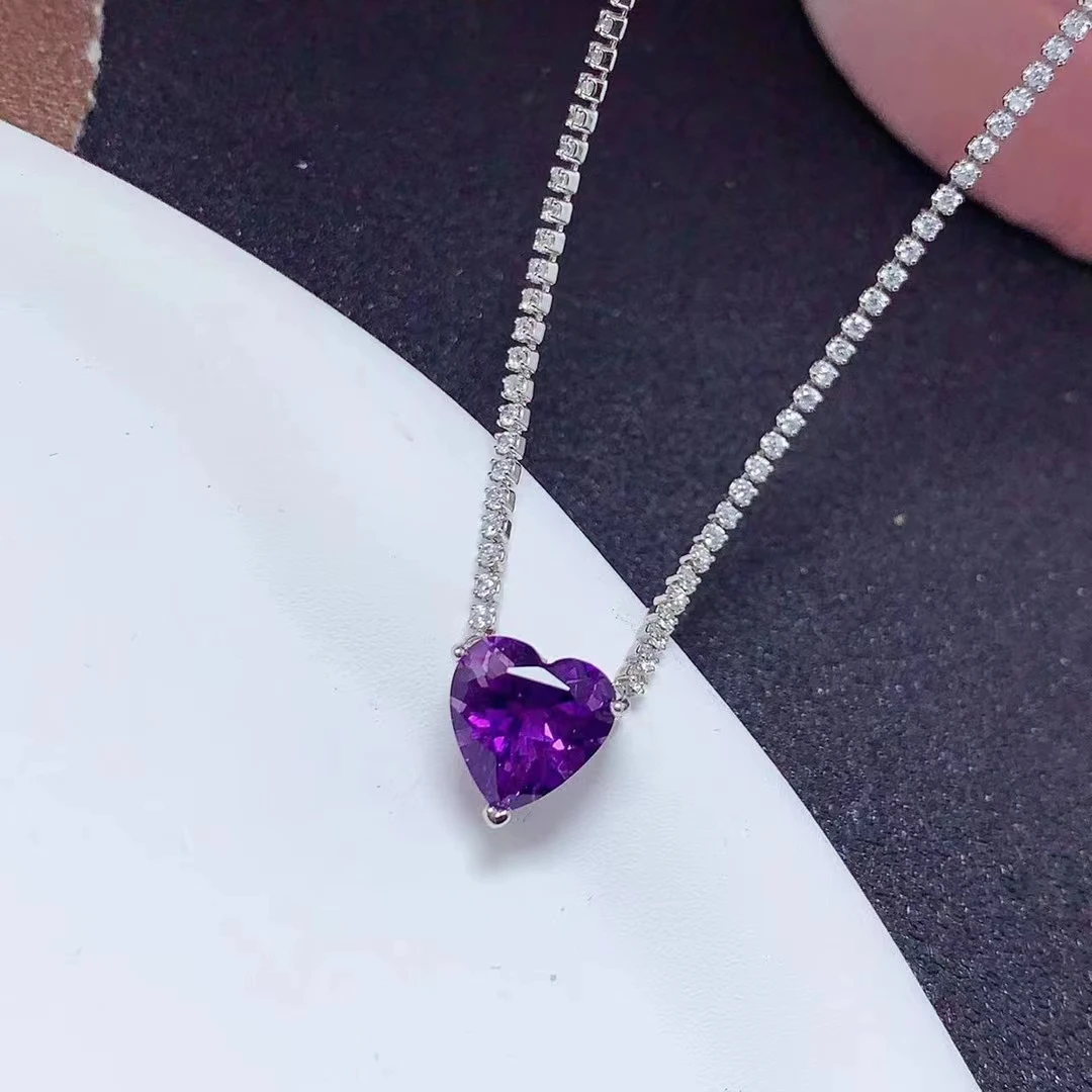 Romantic Heart Gemstone Necklace Pendant 925 Silver 10mm 4ct Natural Amethyst and Topaz Pendant with 3 Layers 18K Gold Plating