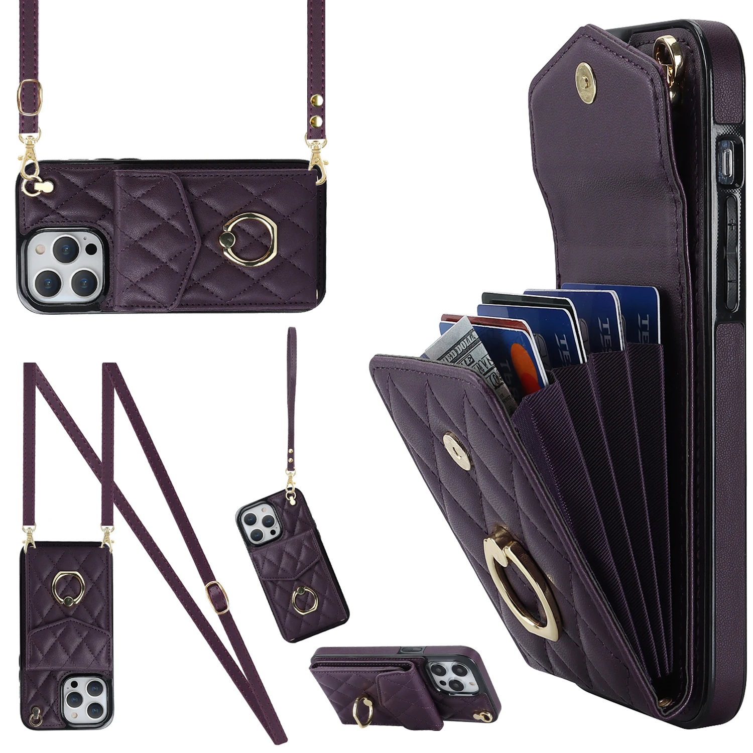 Crossbody Lanyard Ringhouder Lederen Case voor iPhone 13 14 15 16 E 17 Pro Max 17 Air 16 Plus 12 11 Multi Card Slot Wallet Cover