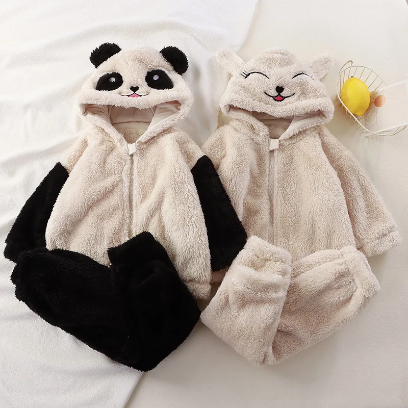 2025 Winter Mädchen Jungen Niedlichen Cartoon Dicke Warme Fleece 2 stücke Anzug Kinder Kinder Kleidung Set Mit Kapuze Mantel + hose