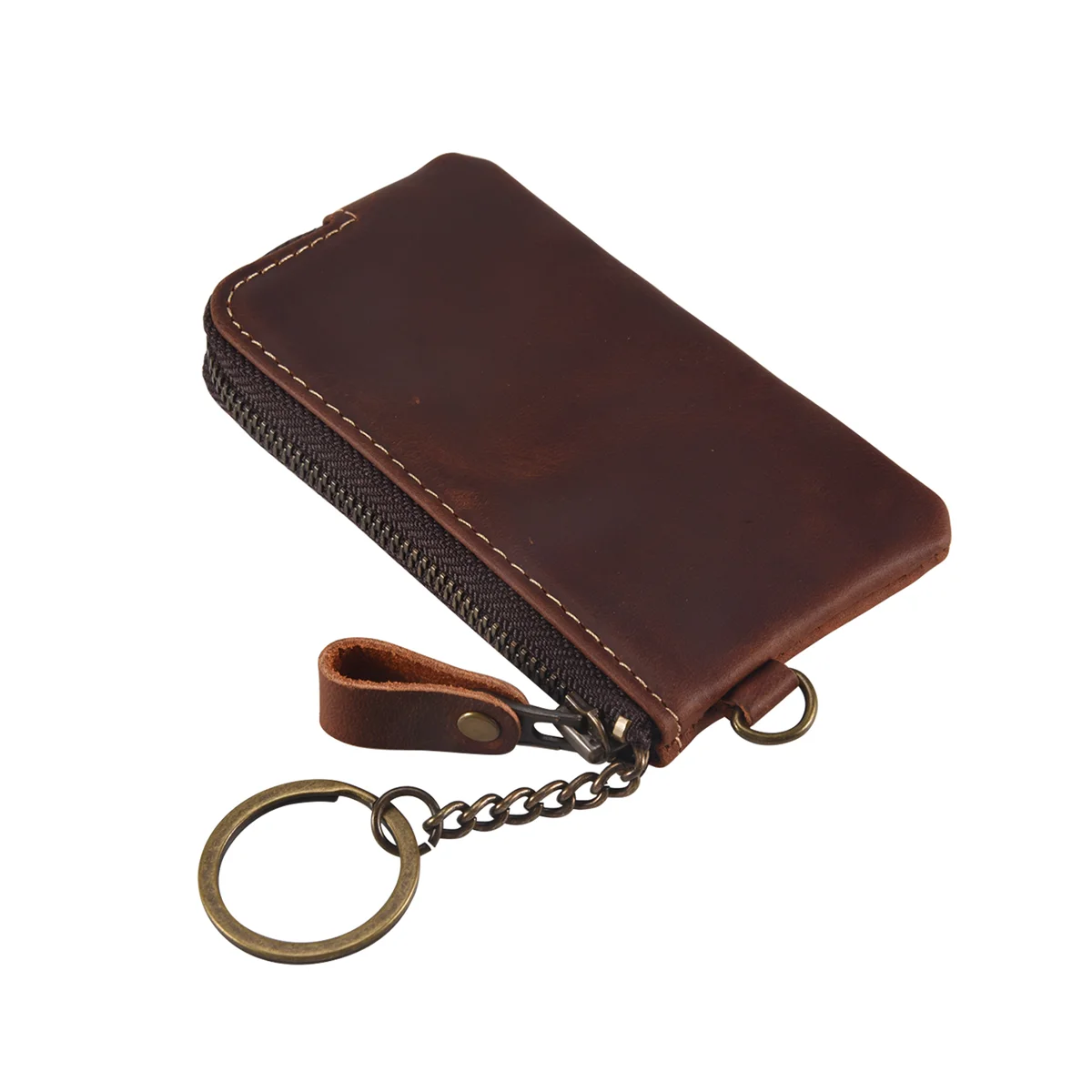 Genuine Leather Men Key Wallet,Zipper Housekeeper Pouch Holder,Keychain Crazy Horse Coin Purse