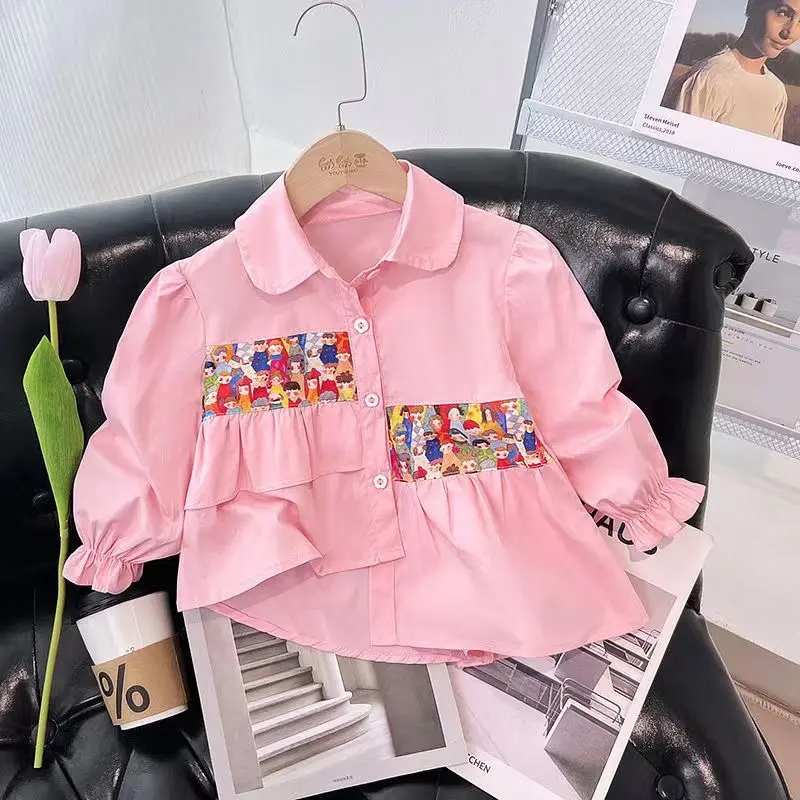 Kids Girls Baby Shirt 2023 New Children\'s Spring and Autumn Wear Spliced Long sleeved Top Outerwear Autumn Versatile Shirt