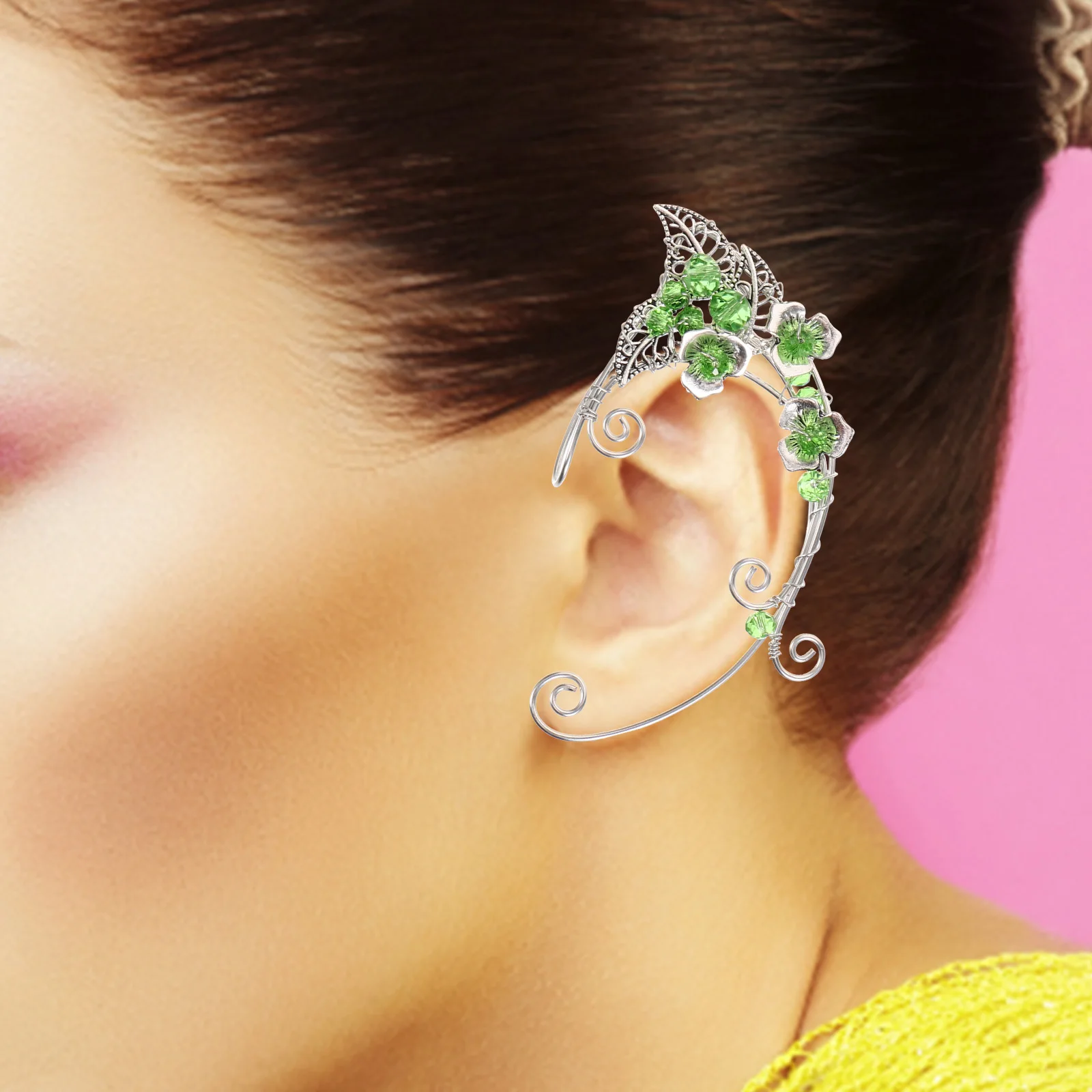 

Retro Green Ear Clips Fairy Earring Temperament Chunky Cuffs for Women Alloy