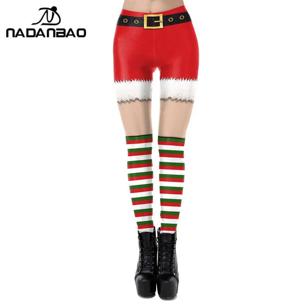 Nadanbao Stripe Print Kerst Leggings Vrouwen Vakantie Feest Grappige Broek Dames Mid Taille Elastische Panty Broek