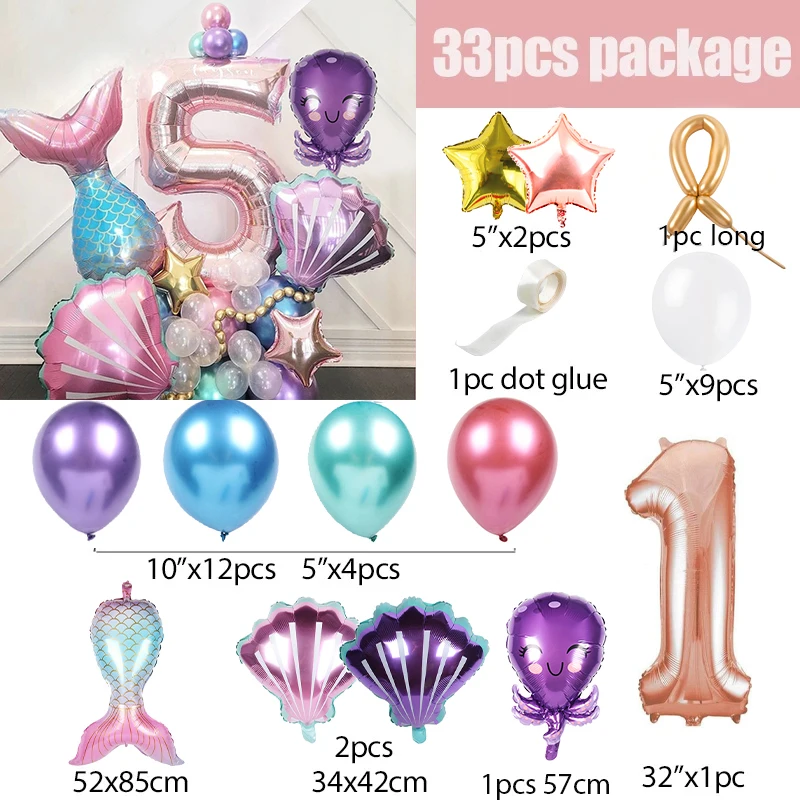 33pcs/lot Mermaid party balloons 1 2 3 4 5 6 7 8 9 years old kids birthday baloons mermaid party toys baby shower girl favors