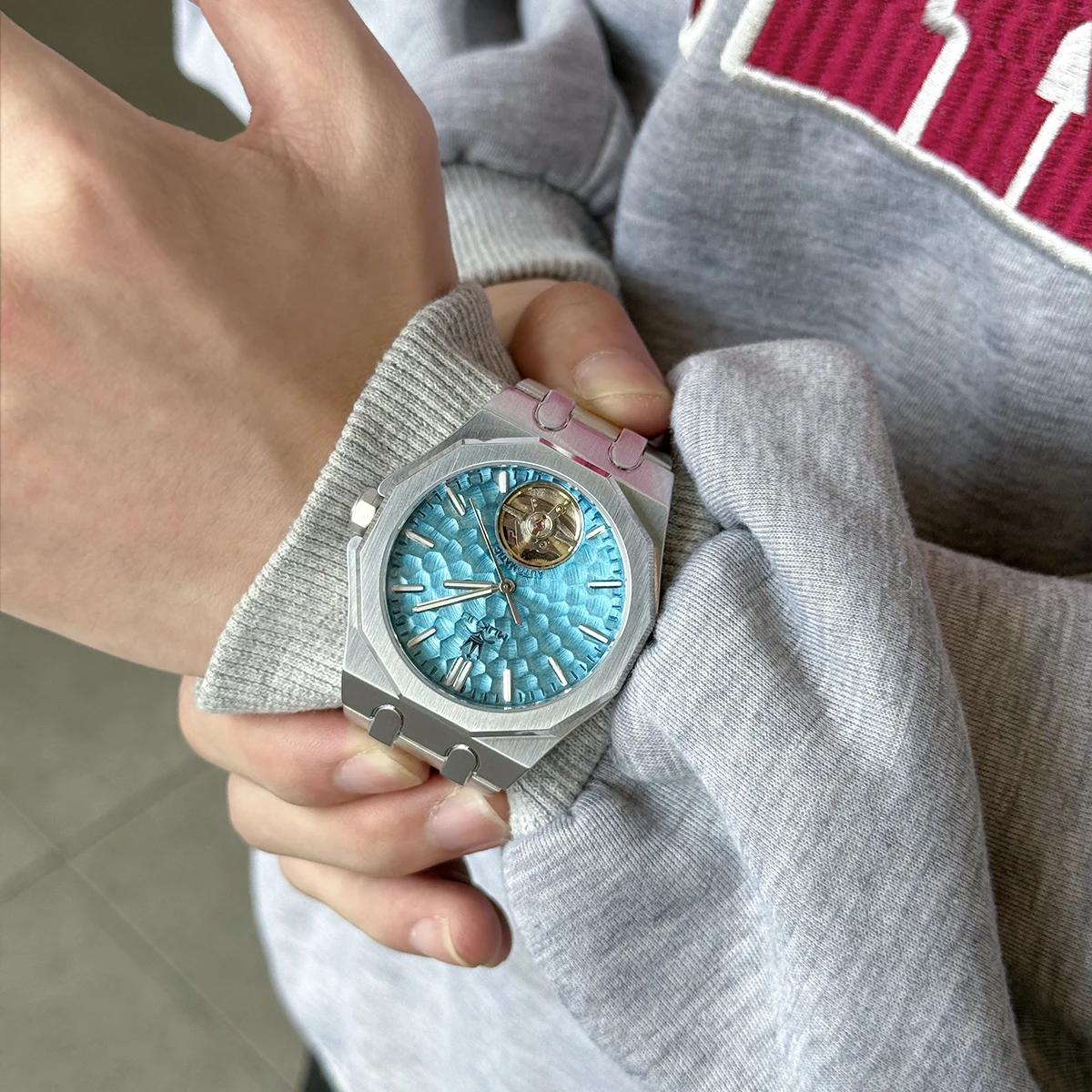 Men Automatic Mechanical Watch Orange Dial Skeleton Tourbillon Octagonal Stainless Steel Wristwatch Luxury Waterproof Clock
