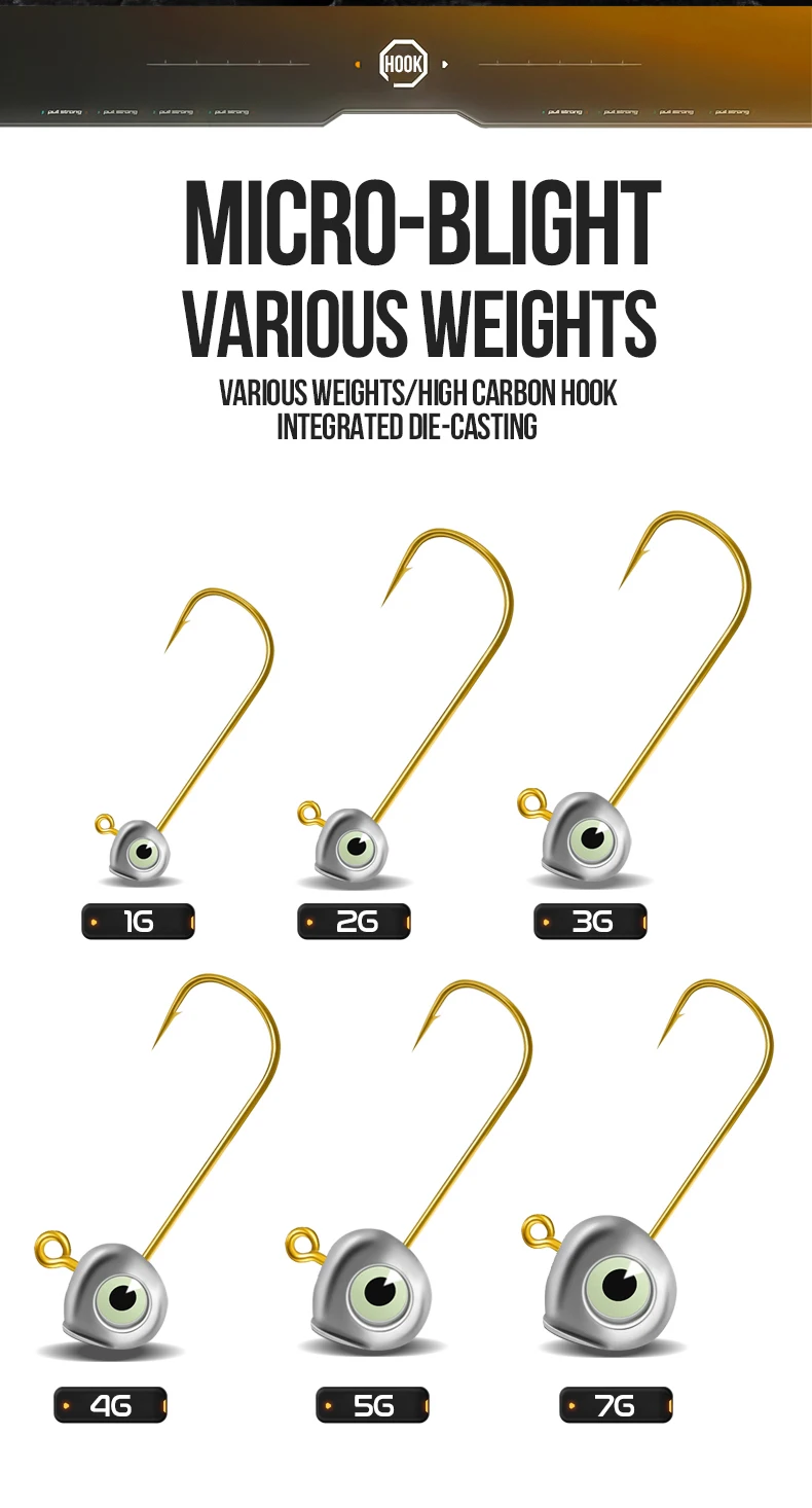 TAIYU 10er-Pack 1g/2g/3g/4g/5g/7g Jigköpfe, Mikro-Köderhaken, Leuchtende 3D-Fischaugen-Jigköpfe, Verstärkte Kleine Goldhaken – Detail 2
