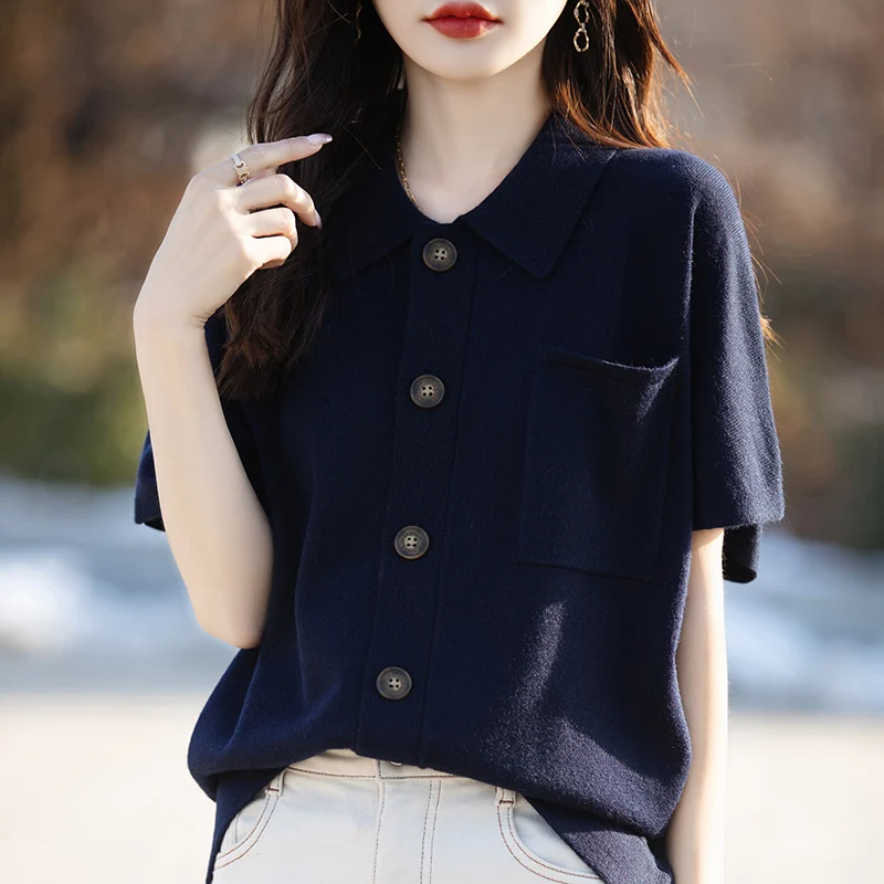 2024 Spring and summer Lapel Cashmere short sleeve cardigan Luxury Casual Lapel Cashmere short sleeve Cardigan Women