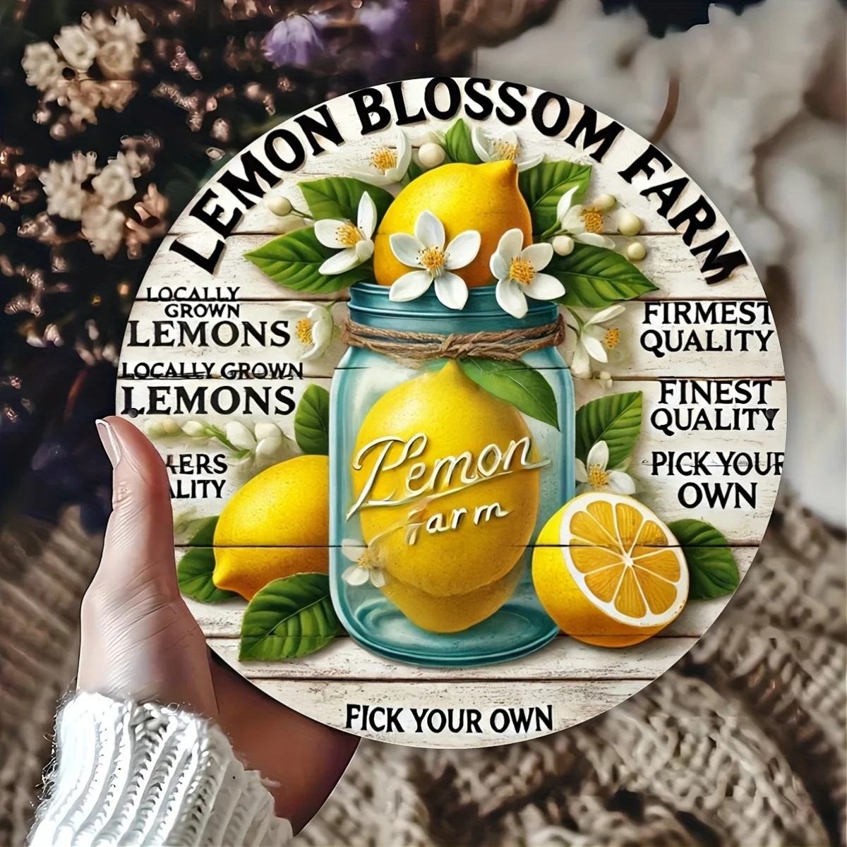 Vintage Lemon Farm Metal Wall Decor - 8x8 Inch Lemon-Themed Wreath Sign with Lemon, Lemon Slice & Lemon Blossoms, Rustic Farmhou