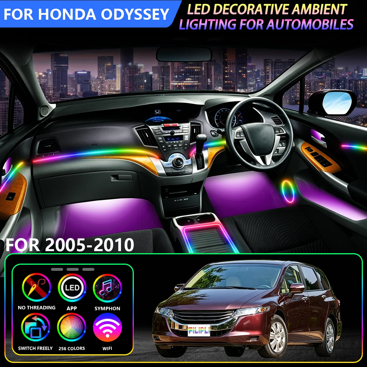 Car Color Cycle Mode Rhythm LED Atmosphere Light, Fit For Honda Odyssey 2005-2010 Models, Auto Sync Music Flash Neon Light Strip, Car Interior Modification Decoration, 256 Dynamic Lighting Modes