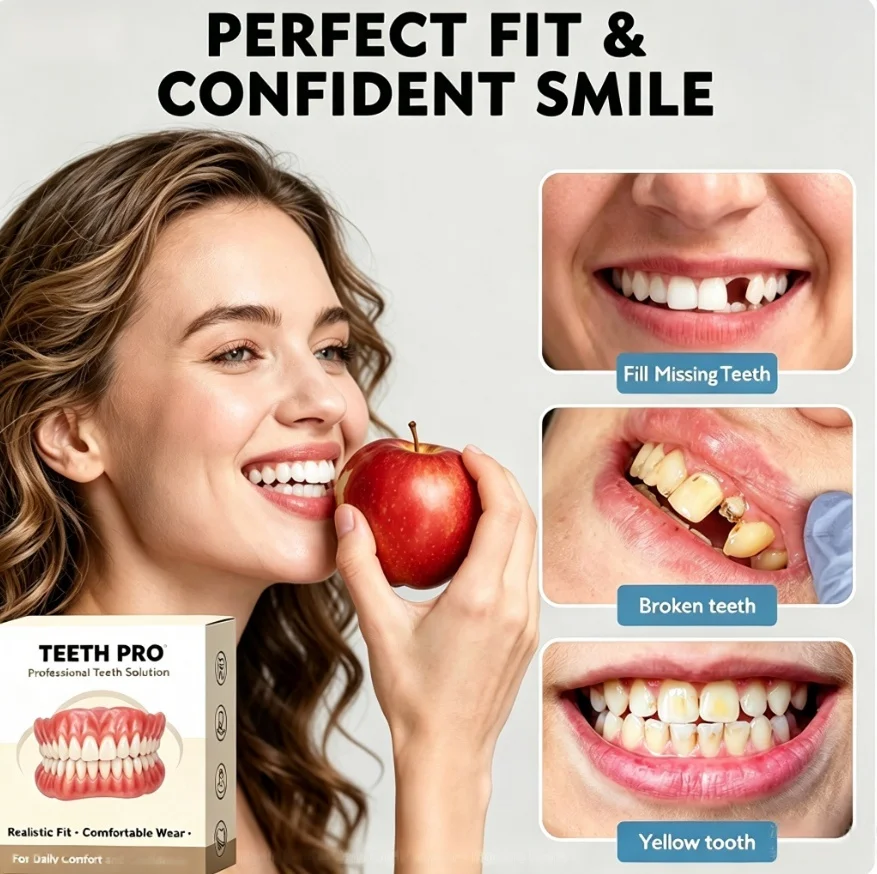 TEETH PRO Resin Full Set Upper Lower Snap On Dentures Comfort Fit Instant Smile Cosmetic Teeth For Adults