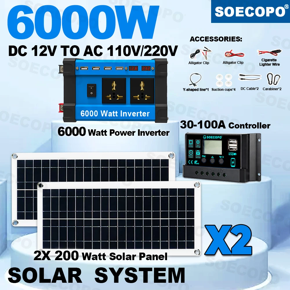

SOECOPO 6000W Solar Panel Kit 2x200W 12V to 110V 220V Inverter Dual Socket 4 USB and 100A Controller for Camping Car RV