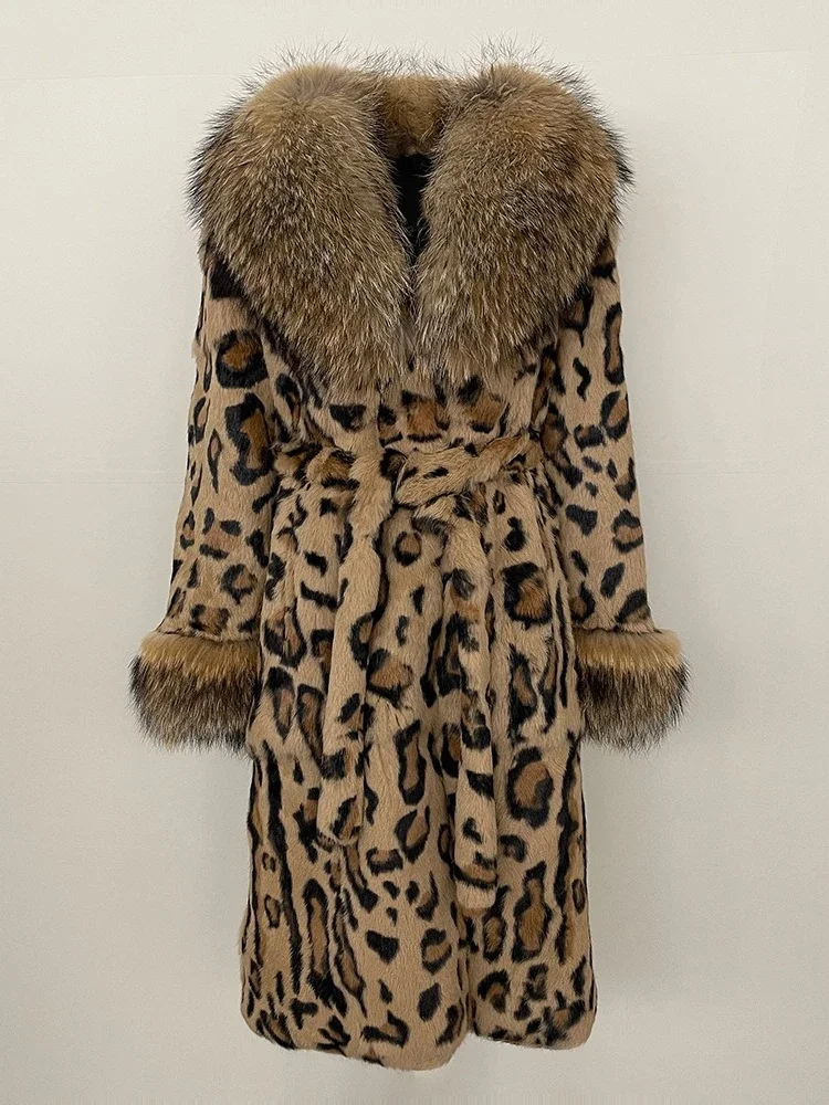 Women Fashion Autumn Winter Leopard Print Clothing Long Fox Collar Fur Jacket One-piece Thick Warm Real Rabbit Fur Jacket