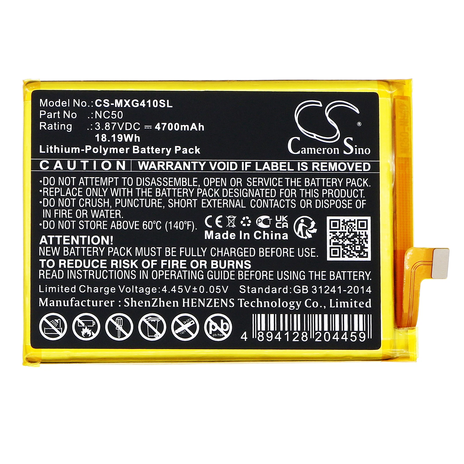 4700mAh 3.87V 18.19Wh Mobile, SmartPhone Li-Polymer Battery for Motorola  NC50 SB18D20540 Moto G41 XT2167