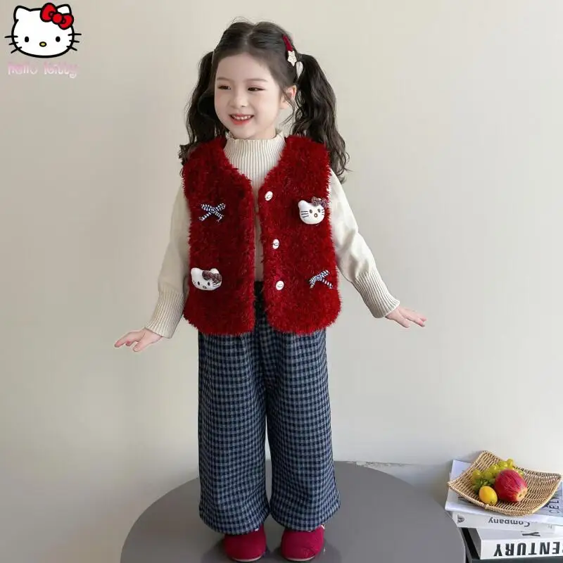 

Sanrio Girls Hello Kitty Warm Sweater Vest Straight Pants Set Cartoon Winter Anime New Children's Sanrio Vest Three Piece Set