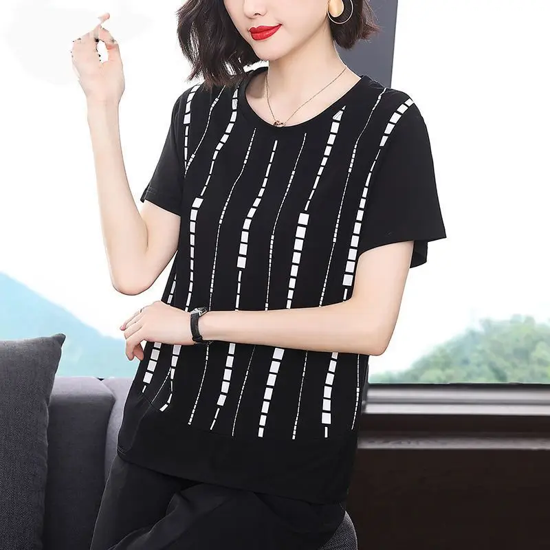 Leisure Elegant Fashion Round Neck Short Sleeve Loose Top Striped Printing Simple Dignified Chic Women's Clothing T-Shirt