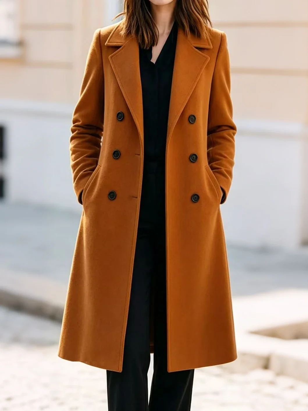 Women Vintage Long Coat Lapel Double Breasted Oversized Loose Outerwear Autumn Winter Casual Overcoat