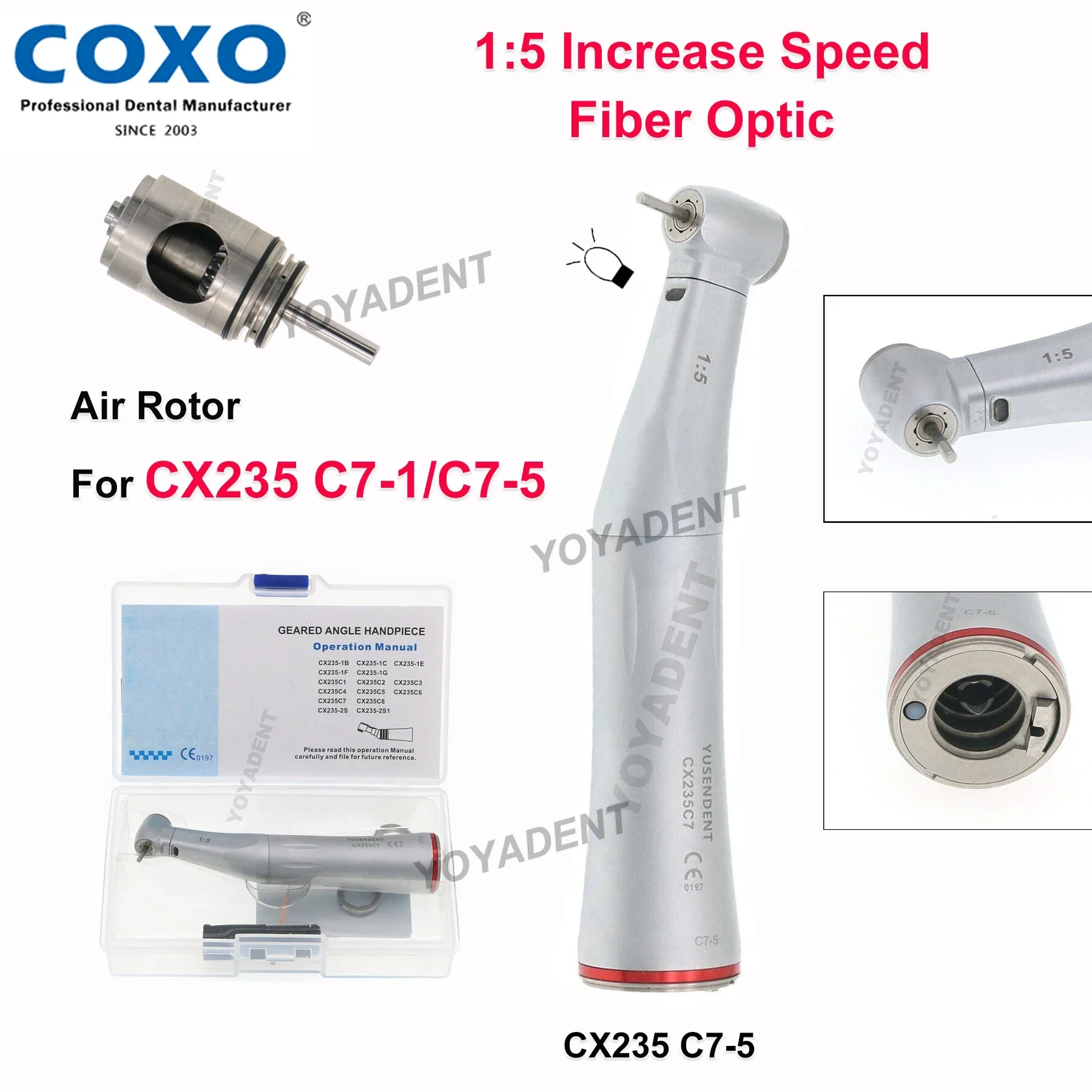 COXO Dental Handpieces 1:5 Increase Speed Fiber Optic Contra Angle Handpiece Air Rotor Fit C7-1/C7-5 Similar NSK Ti MAX X95L