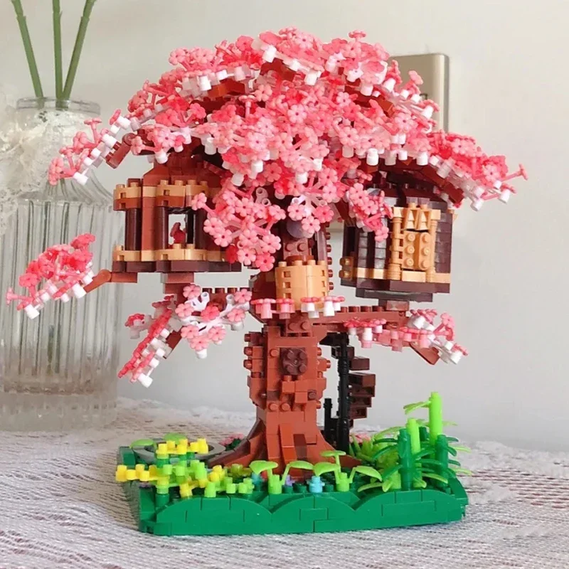 LHCX 605 World Architecture Cherry Blossom Tree House Sakura Flower Garden Grass Mini Diamond Blocks Bricks Building Toy No Box