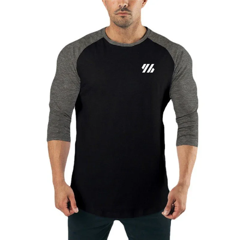 Mens Fitness Three Quarter Sleeve T-shirt Fashion Training Breathable Cotton Shirt Slim Fit Sportswear Gym Bodybuilding Clothing