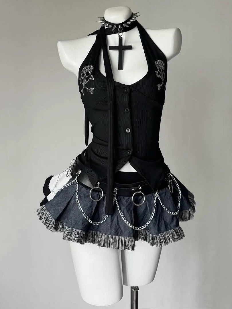 

Оригинальный дизайн Bla Skeleton, винтажный женский топ на бретелях, хлопковый облегающий женский жилет длиной до одного пуговица