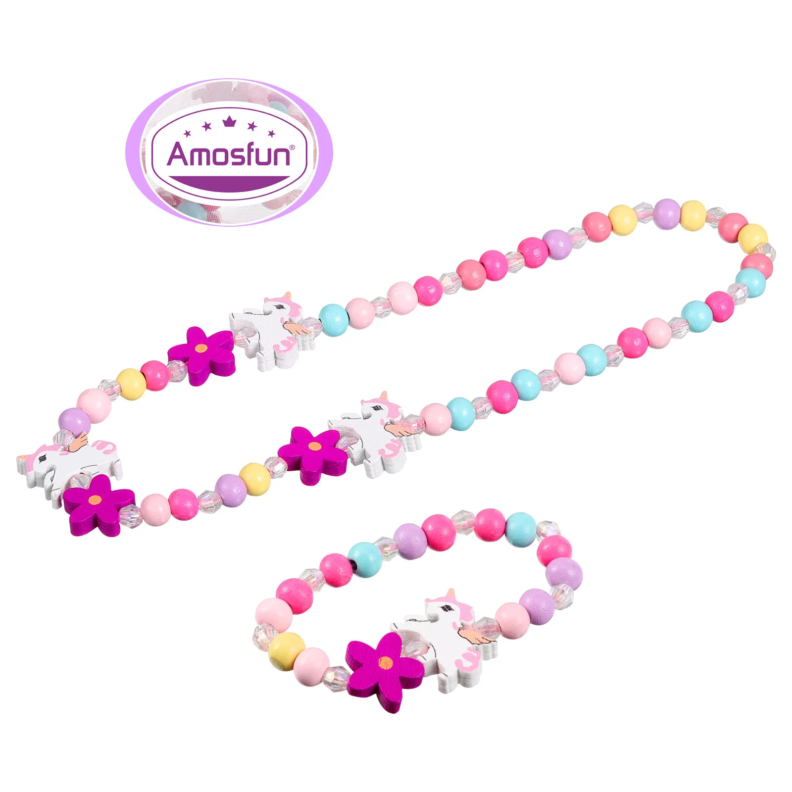 Amosfun 1 Set Wooden Children Jewelry Set Unicorn Beads Colorful Necklace and Bracelet Gift for Party Birthday