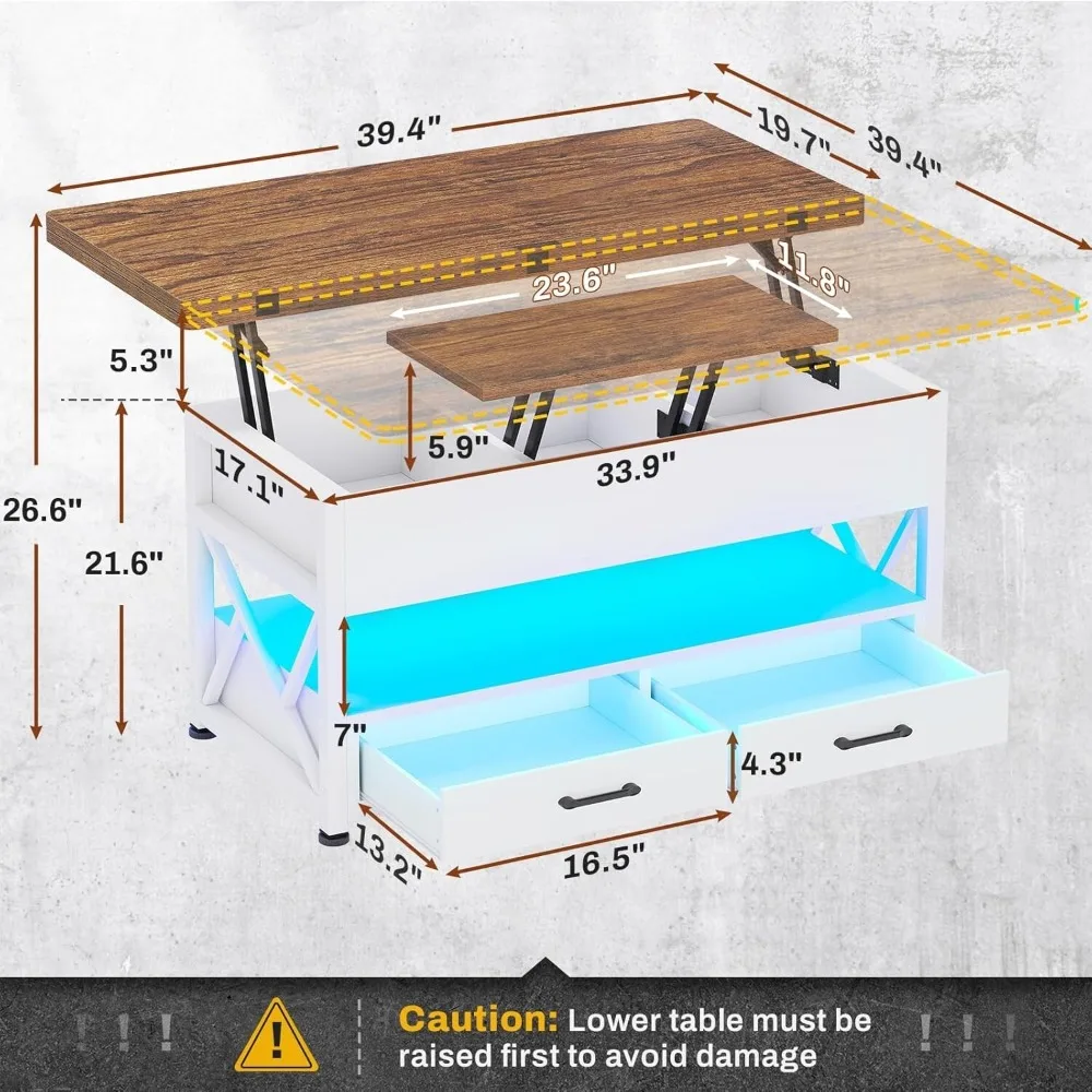 Lift Top Coffee Table with 2 Drawers&LED Light, Small Coffee Table with Storage