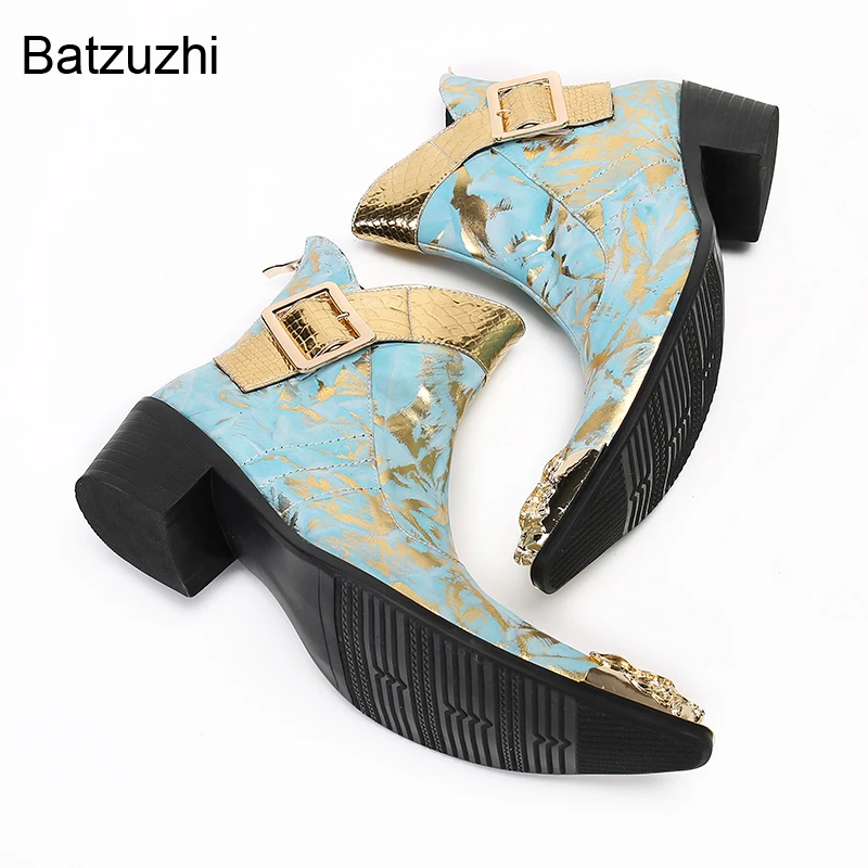 Batzuzhi Light Blue Genuine Leather Boots Men Luxury Handmade Men's Boots Golden Iron Toe Ankle 6.5cm Heels Party Boots! 38-46