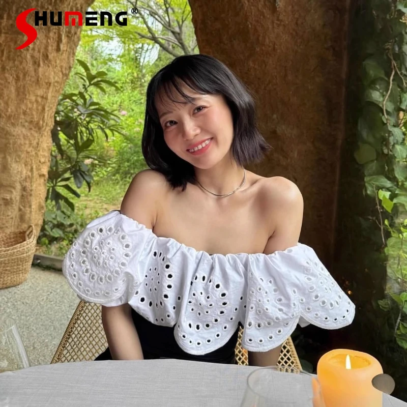 

Japanese Sweet Elegant Off-Shoulder Sexy Shirt Women Slim Fit Hollow Out Ruffle Puff Sleeve Blouses Lady Daily Short Sleeve Top