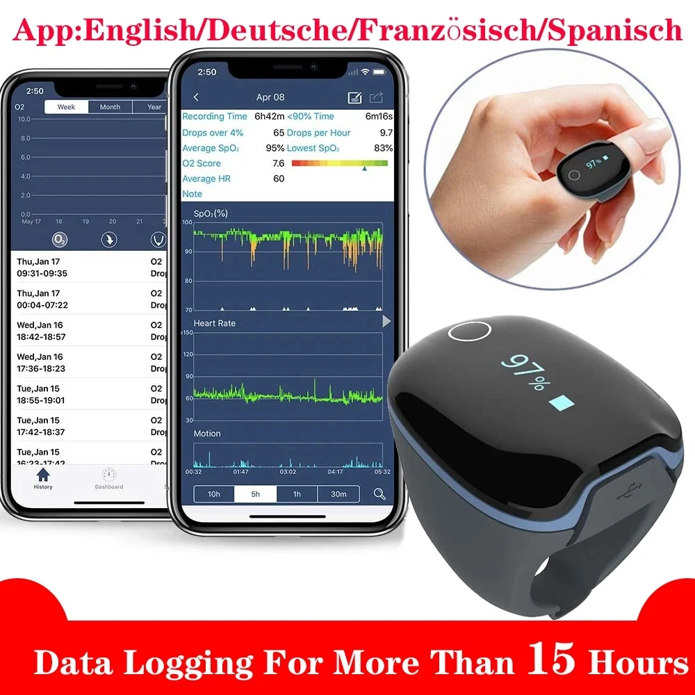 

Bluetooth blood oxygen monitor sleep apnea alarm blood oxygen meter sleep data recording anti snoring USB blood oxygen saturatio