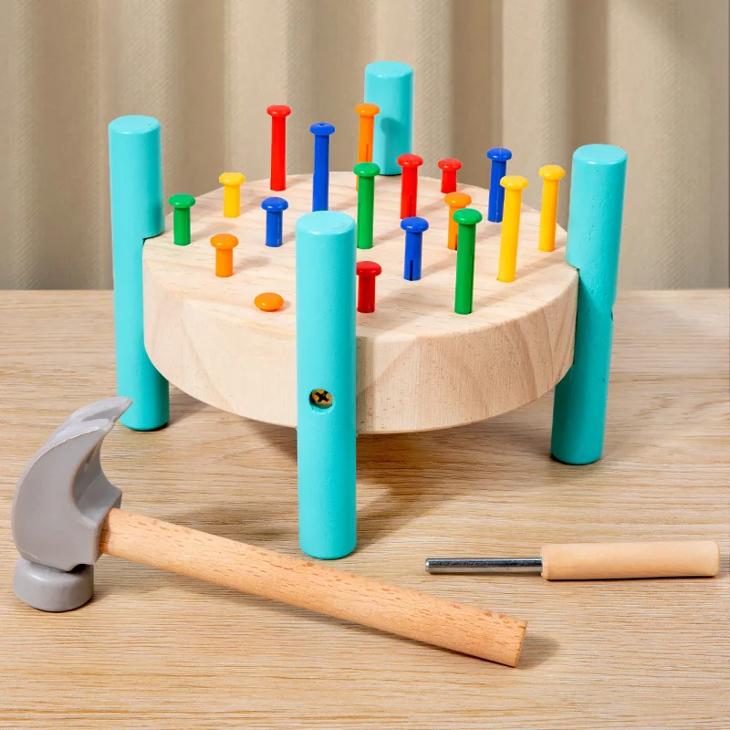 LazyChild Kids Wooden Round Nail Hammer Toy For Early Education Hand Eye Coordination Training