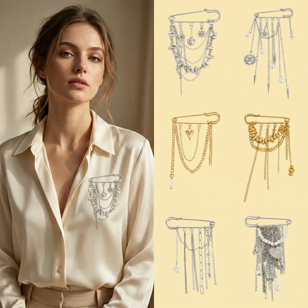 Ins Metal Chain Tassel Pin Brooch Design Sensation Pebble Rivet Leg Shortening Decoration+F529--MS458-03