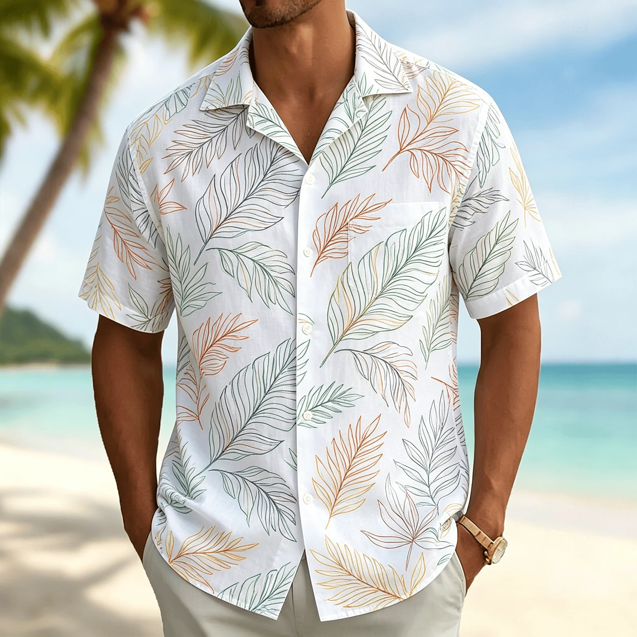 Palm Leaf Print Short Sleeve Shirt, Casual Hawaiian Button Down Top for Men, Tropical Beach Style for Spring & Summer