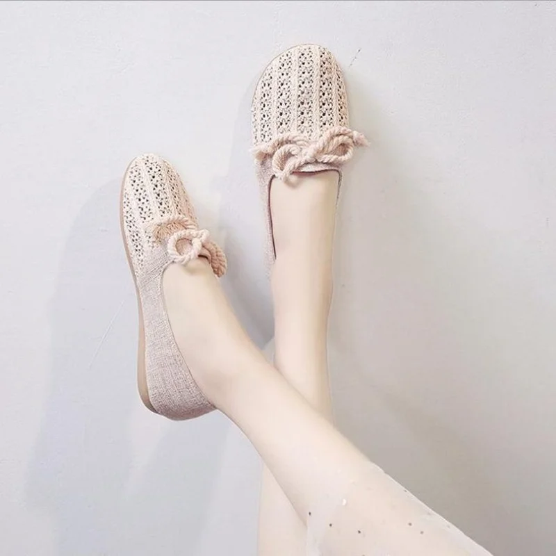 Single Shoes Women 2022 New Round Toe Bow Weave Flat Shoes Women Breathable Casual Fashion Shallow Mouth Women Shoes