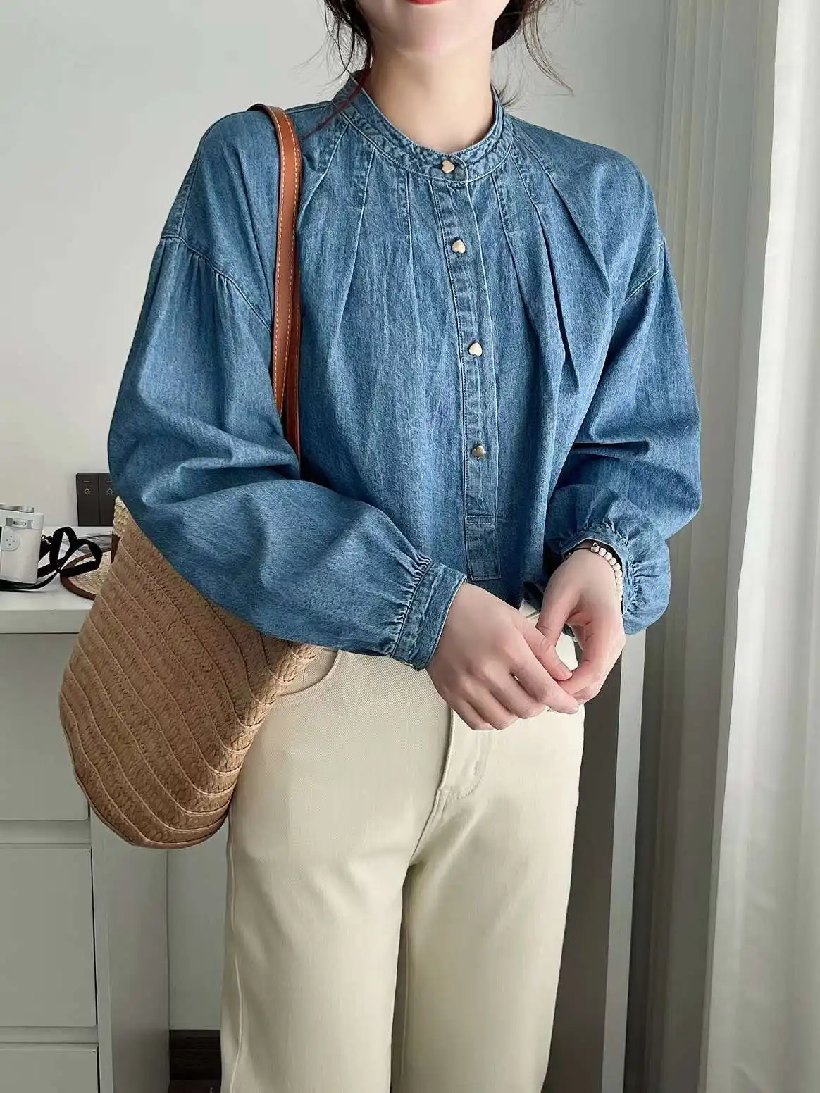 

Blue Denim Solid Casual Shirt Women's Design French Style Stand Collar Long-Sleeved Shirt For Women Office Lady Clothes