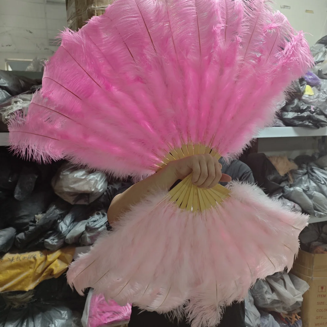 Customized 13 Bone Ostrich Feathers Fan Big Hand Held Folding Fan for Party Wedding Celebration Belly Dance Show DIY Decoration