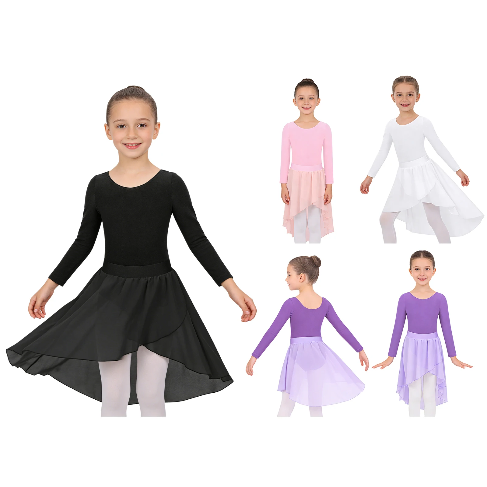 Girls Lyrical Contemporary Dance Set Long Sleeve Leotard Mesh Chiffon Hi-lo Leotard Skirt Gymnastics Ice Skating Ballet Outfit