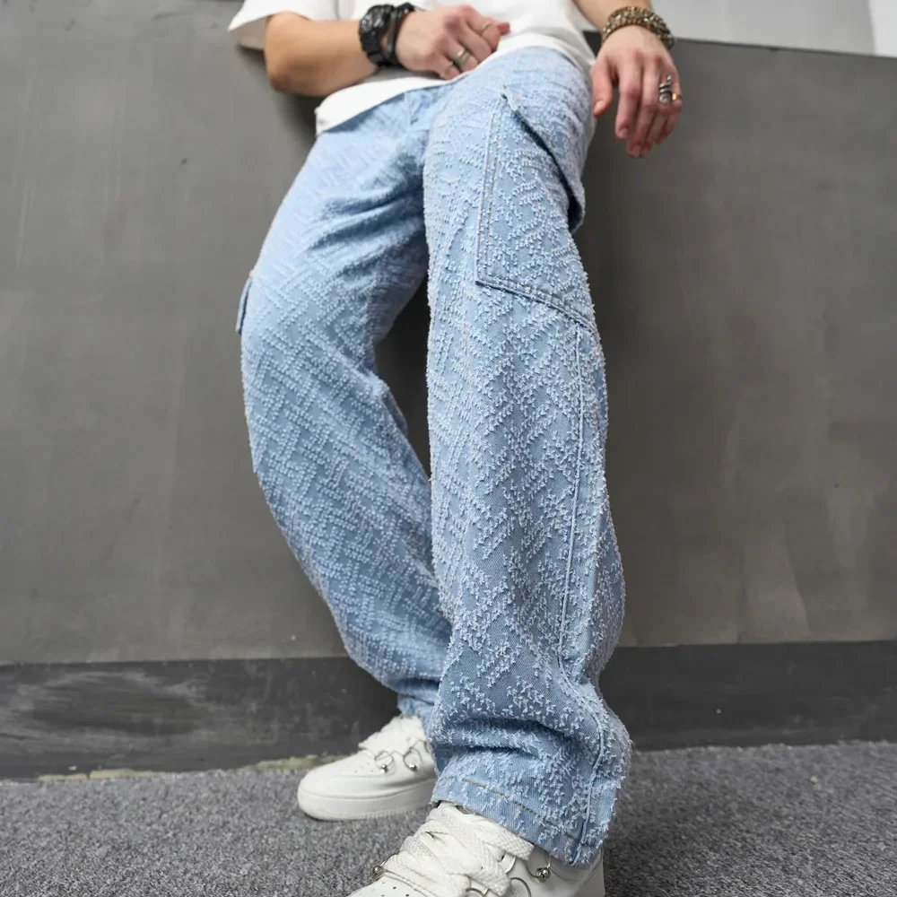 

Men Solid Loose Fashion Multiple pockets Cargo Jeans Male Trousers Streetwear Men's Straight Casual Denim Pants