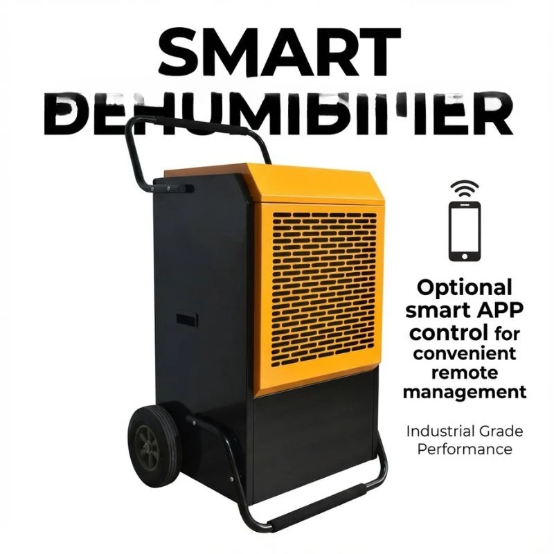 Plug and play mobile walk-behind commercial dehumidifier 90L/day with heavy-duty casters for easy deployment in warehouses