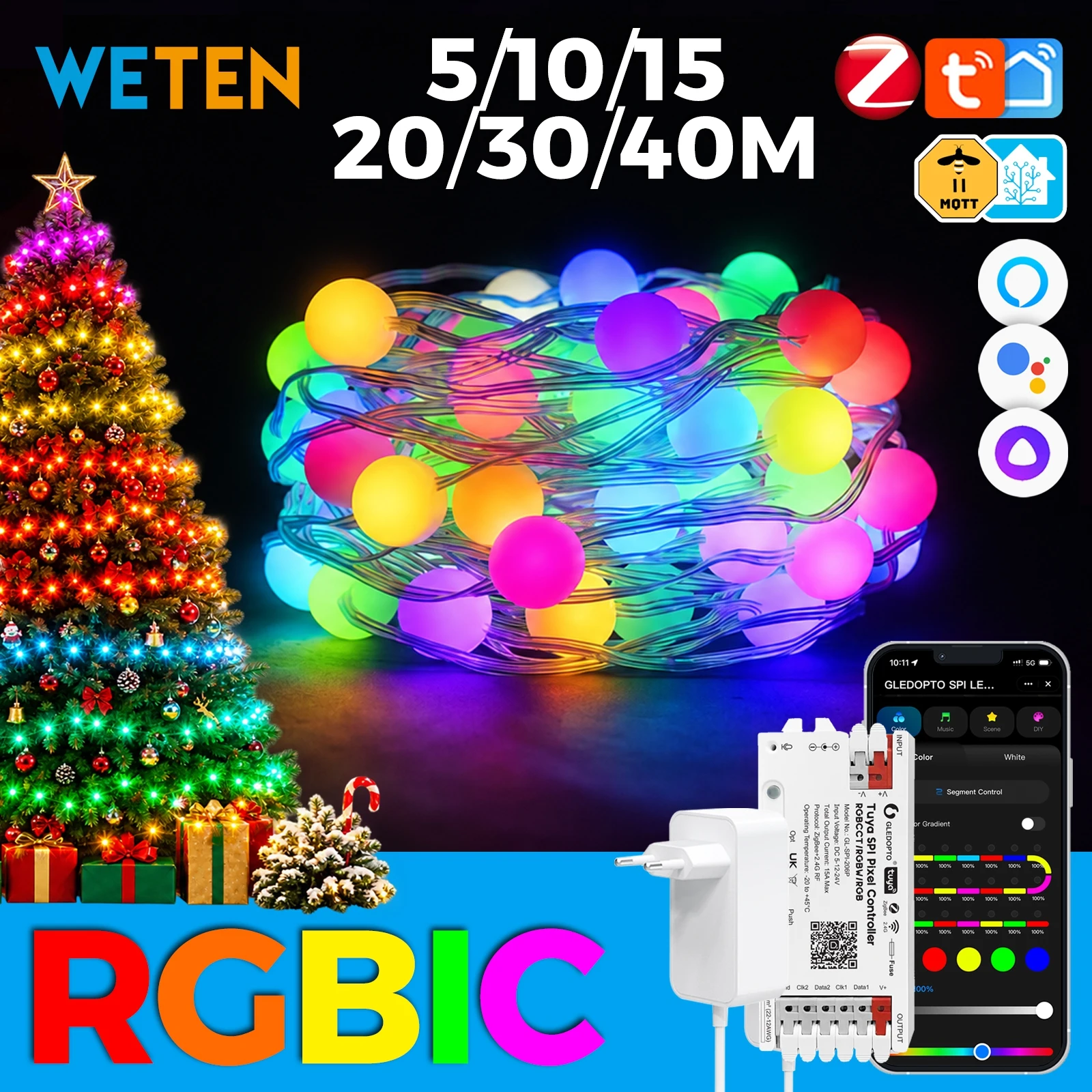 Tuya Zigbee Smart RGBIC LED Strip Light Waterproof Outdoor RGB Lamp Music Sync APP Control Support Alexa Google Home 20M 30M 40M