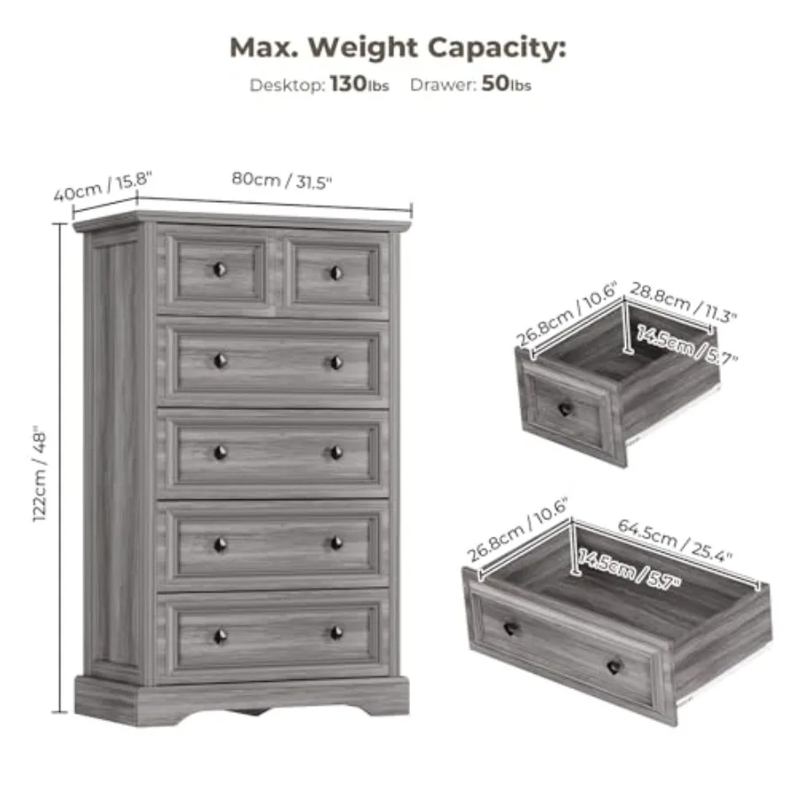 Dresser for bedroom, living room, hallway: 48 tall vintage-style chest with natural texture finish and metal handles, 6-drawer