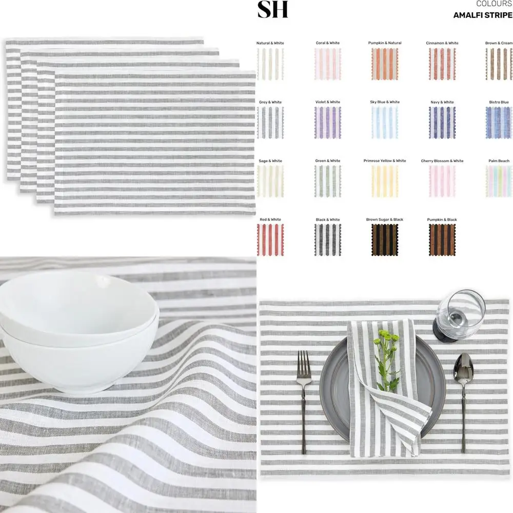 

Набор салфеток в полоску Amalfi из чистого льна, серые и белые, 14x19 дюймов, идеально подходит для осенней столовой