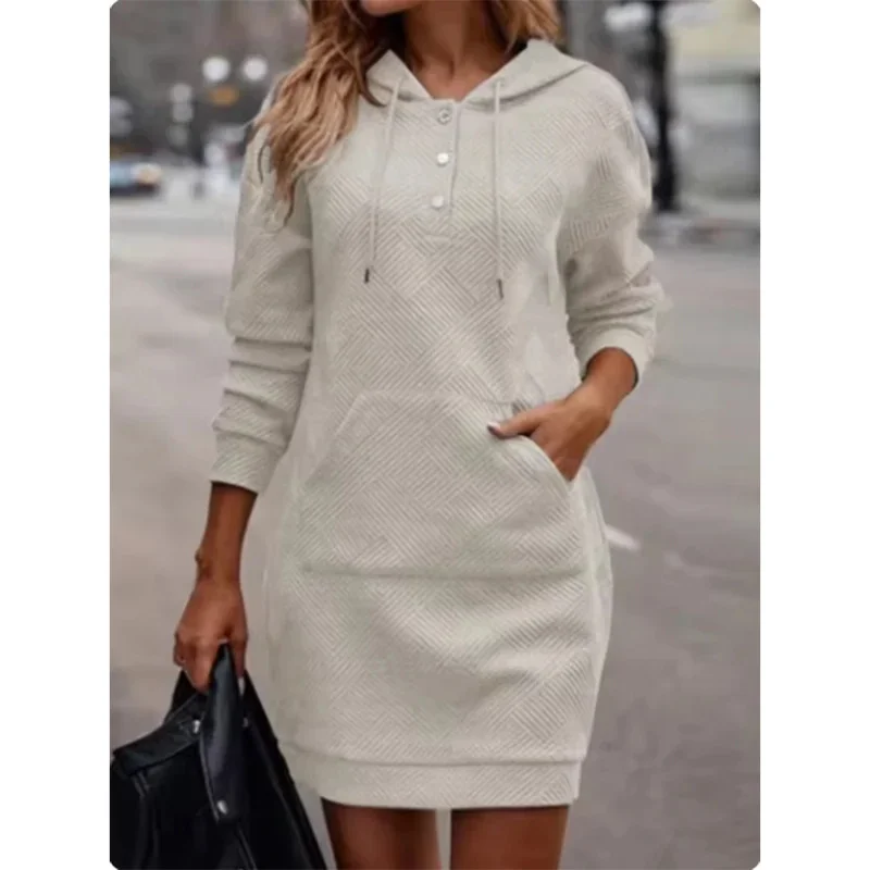 ปุ่มHooded Pocket Pullover Topผู้หญิงHigh Streetสบายๆฤดูใบไม้ร่วงฤดูหนาวสีทึบชุดมินิ